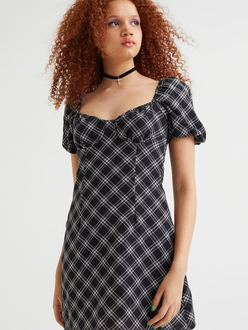 H&M Black & White Plaid Puff-Sleeve Mini Dress